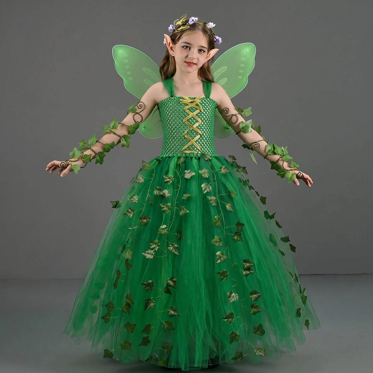 Grünes Garten-Fee-Tutu-Kleid, Waldfee-Kostüm, Dschungel-Thema, Festliches Kleid für Mädchen mit Stirnband und Flügeln