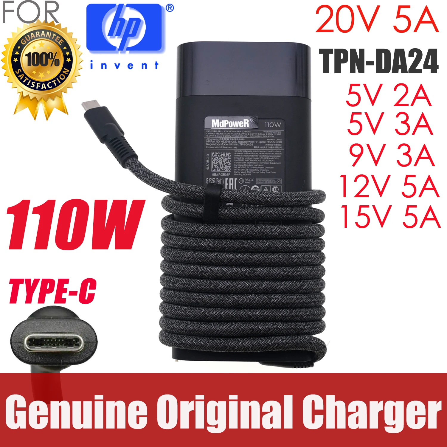 

Original TPN-DA24 AC Adapter Laptop Charger For HP 110W USB TYPE-C Power Supply 20V 5A TPN-CA24 M52946-003 M52950-001 Adaptor