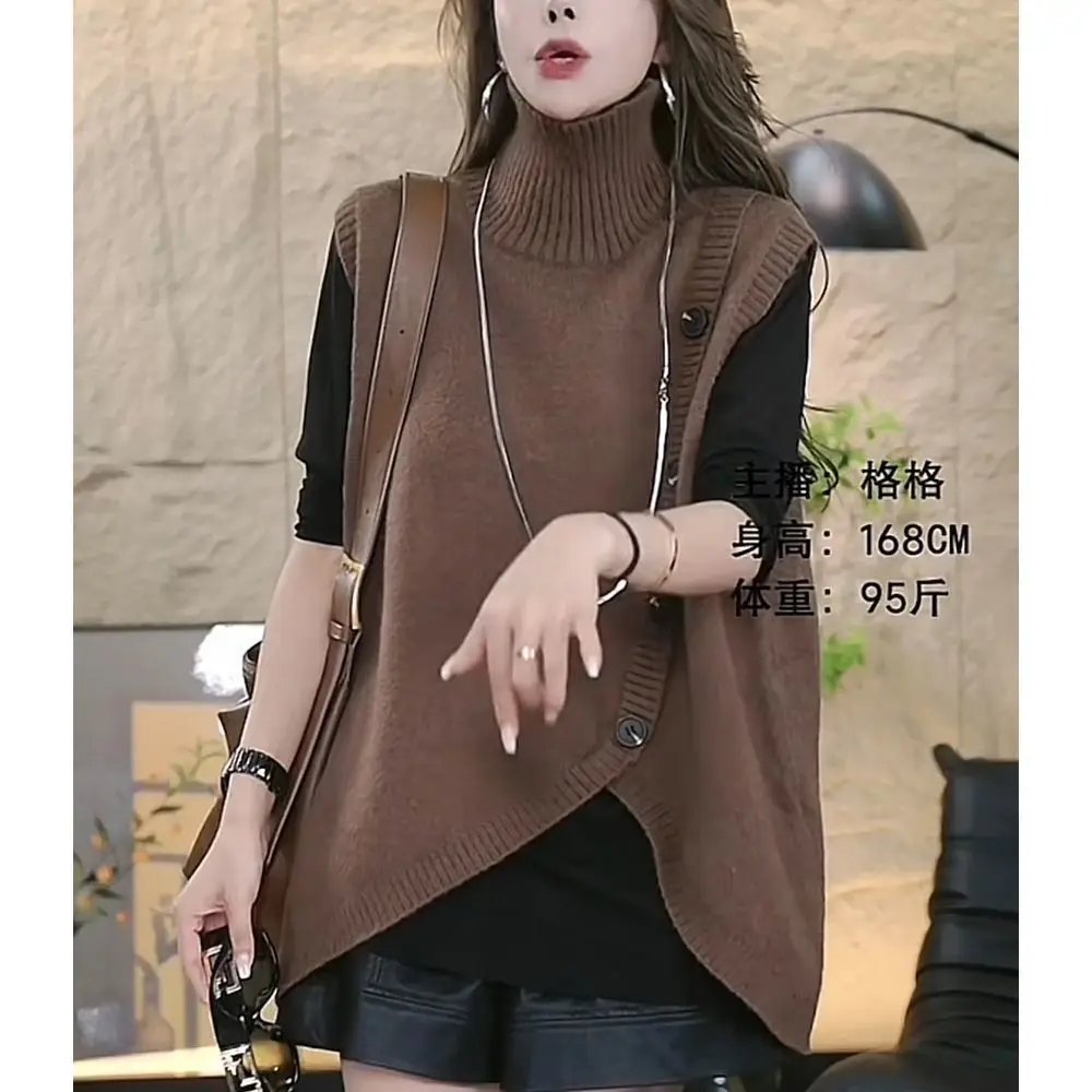 Autumn and Winter New Irregular Button Knitted Fashion Solid Color Sweater European High Collar Sleeveless Vest Coat Trendy