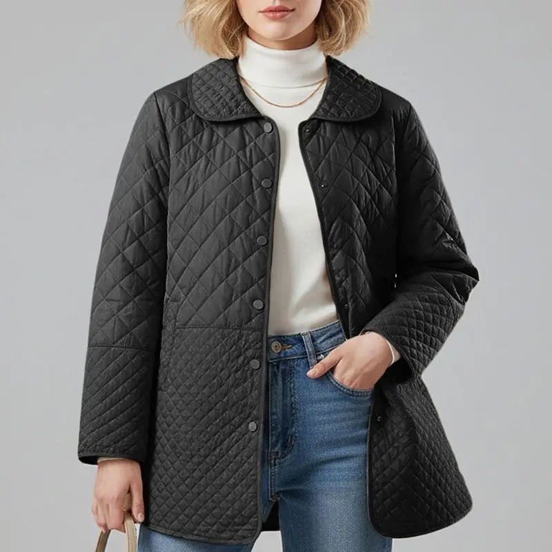 Autumn Winter Coat Lightweight Cotton Jacket Quilted Mid-Length Parka Women Diamond Quilting Loose Quilted Cotton Jacket