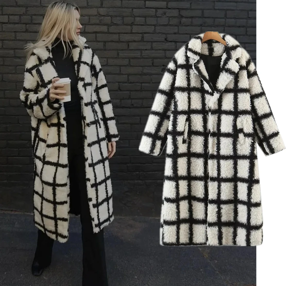 Dave&Di Ins Fashion Coat Blogger Retro Plaid Drop Shoulder Loose Lamb Hair Long Coat Trench Coat Women 9050