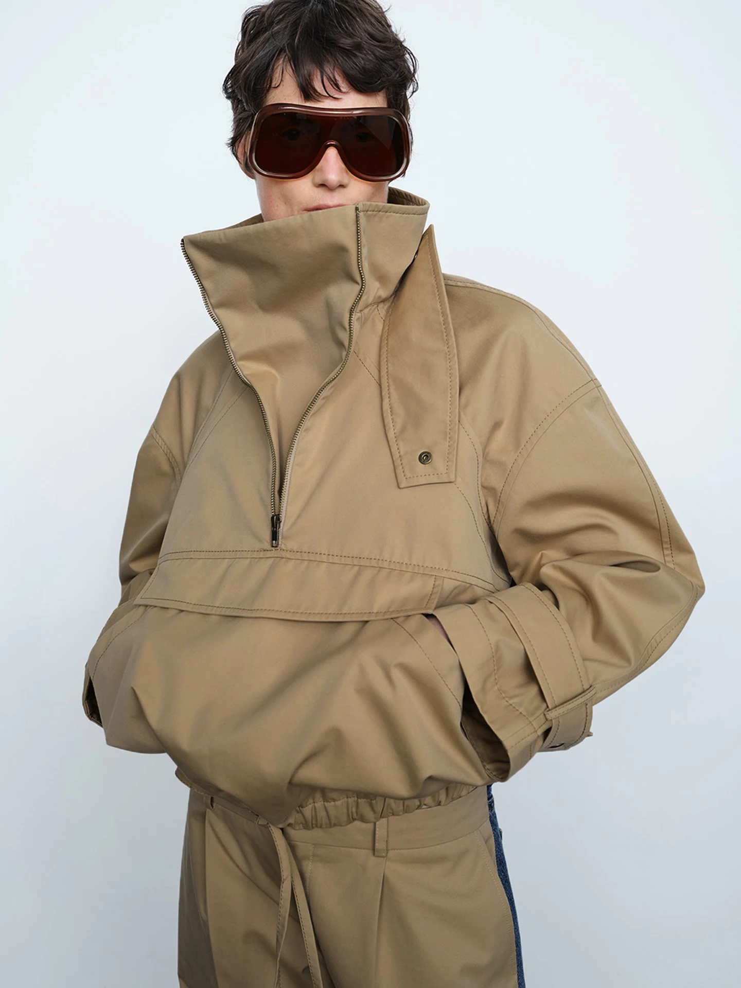 Fashionable Short Kaki Color Double Row Button American Style Windbreaker with Stand Collar for Women Casual Spring Outerwear