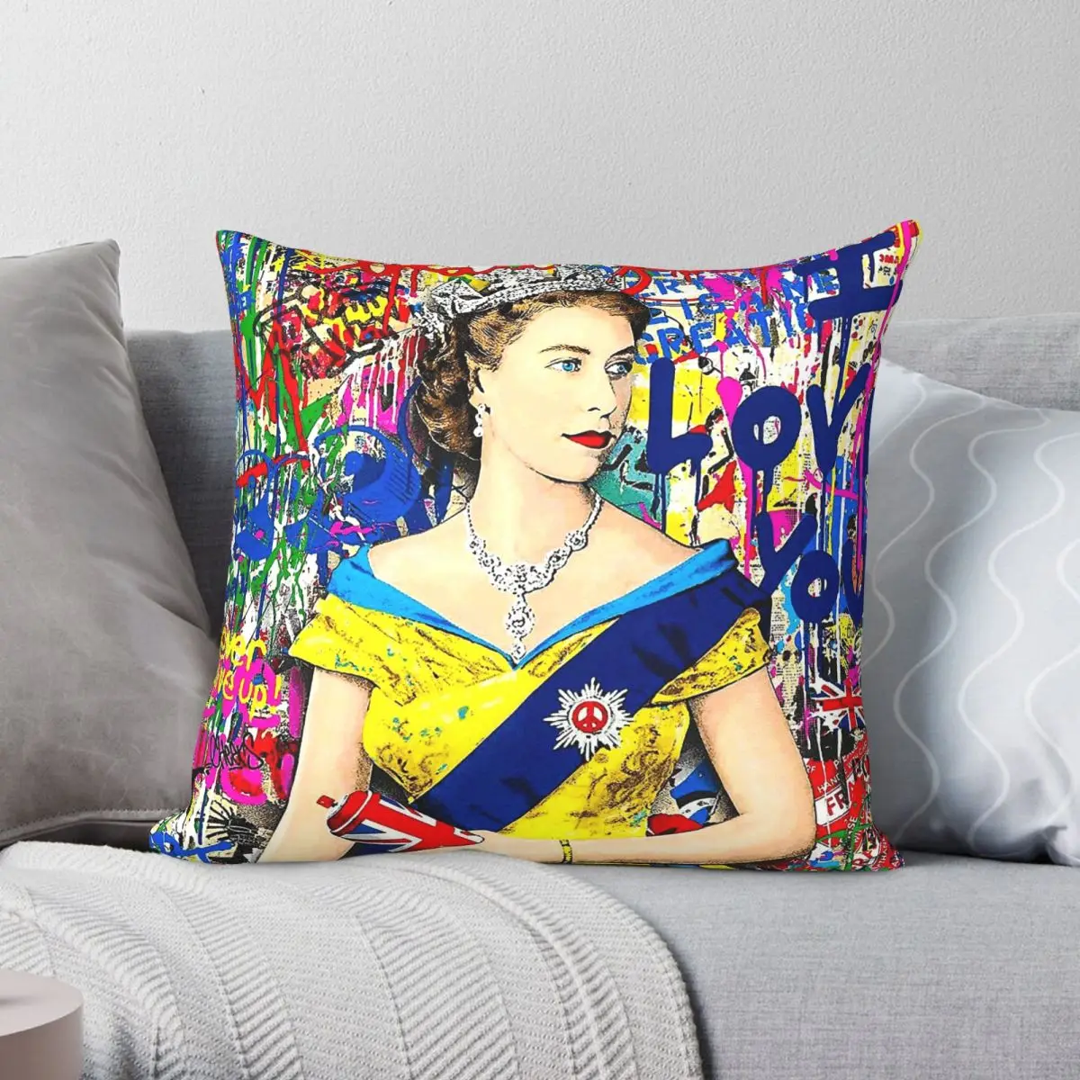 Queen Elizabeth Ii Graffiti Square Pillowcase Polyester Linen Velvet Printed Zip Decor Throw Pillow Case Car Cushion Cover