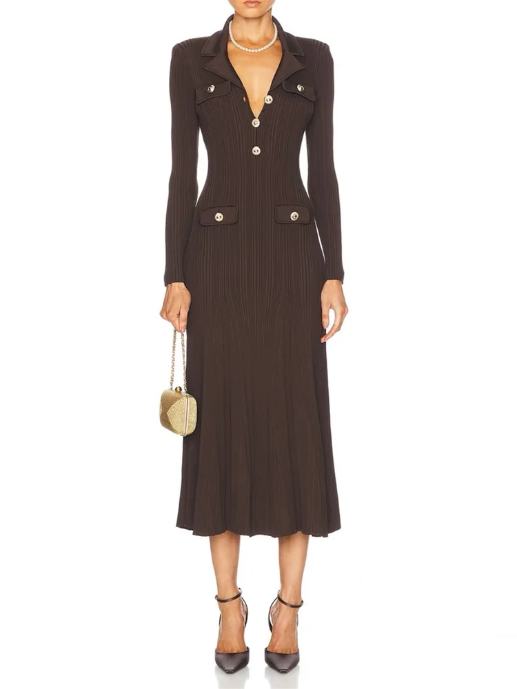 

High-End Knitted Long Sve V-Ne Commute Dr Autumn Winter Brown Pure Color High Waist Slim Fit Fi Tail Dr