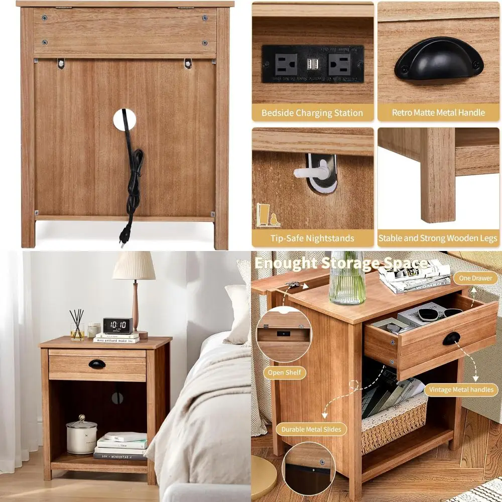 

Pine Wood Nightstand with Drawer and Charging Station for Bedroom, Brown (1 Drawer)