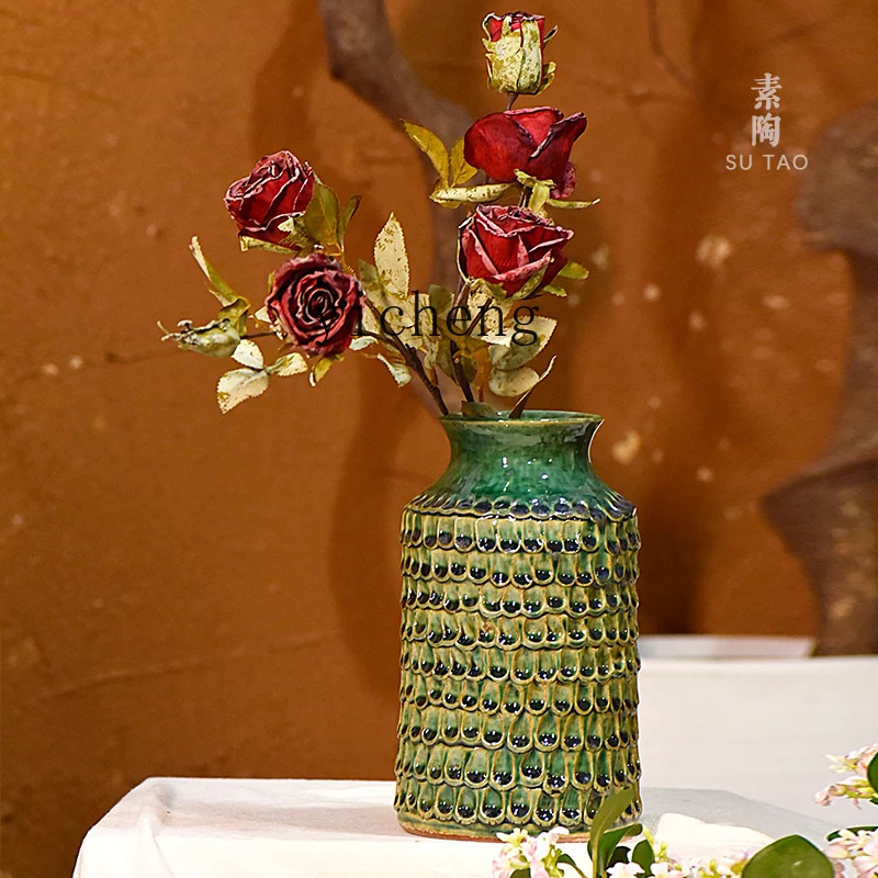 

ZYA plain pottery handmade fish lin jadeite ceramic vase ornament, high-end light luxury flower utensils