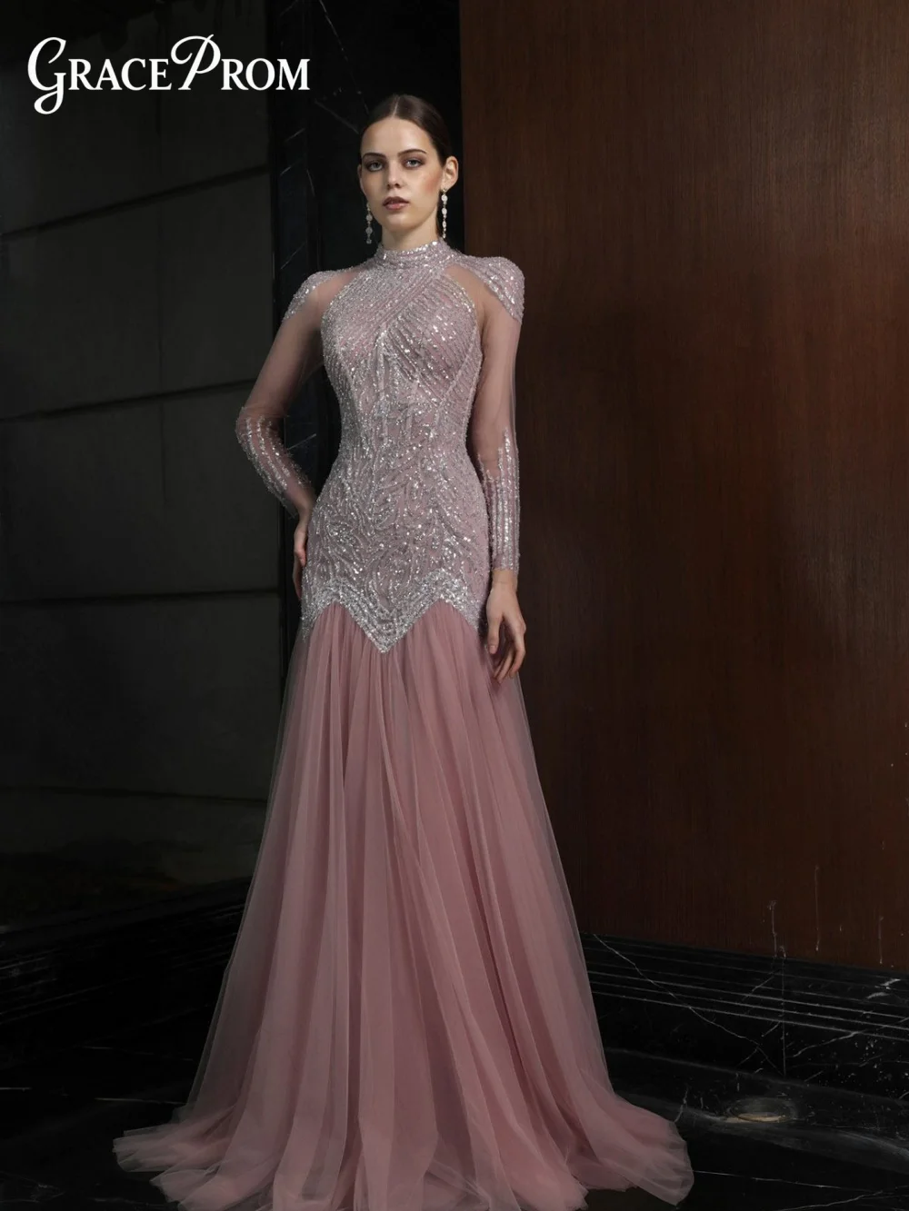 

Graceful Blush High Neck Evening Gown 2026 New Long Sleeve Beaded Sequin Tulle Mermaid Dress For Mother Of The Bride Wedding