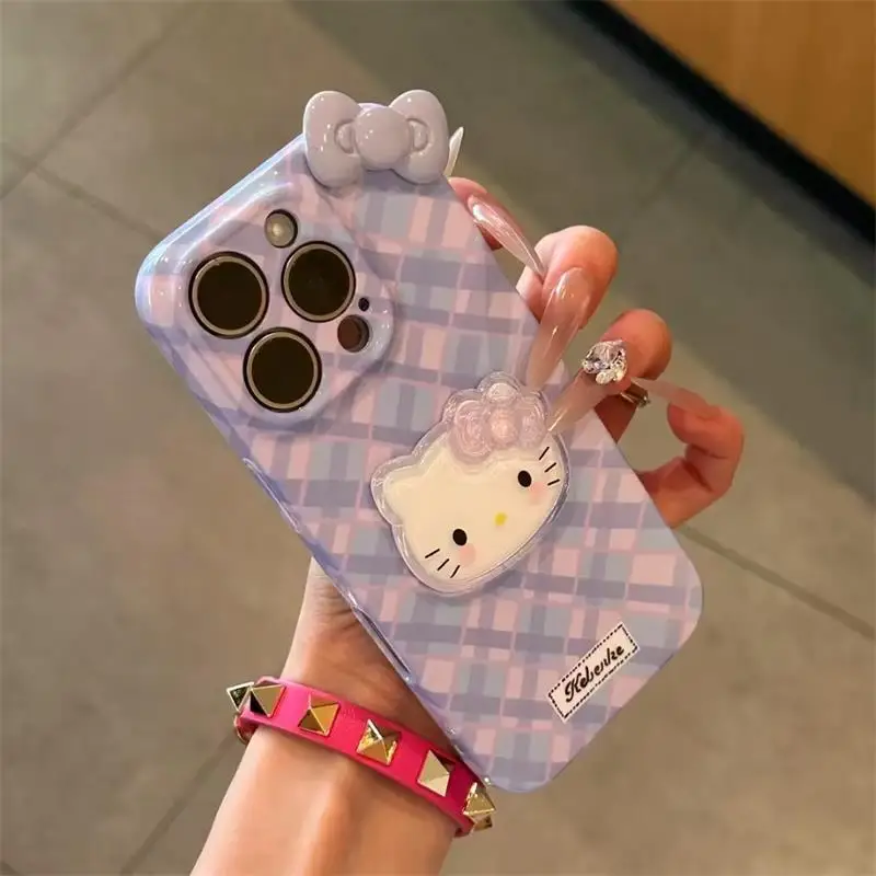 

Purple checkered bow Hello Kitty suitable for Apple 16 Plus phone case iPhone 15 Pro anti drop 14 new model 13