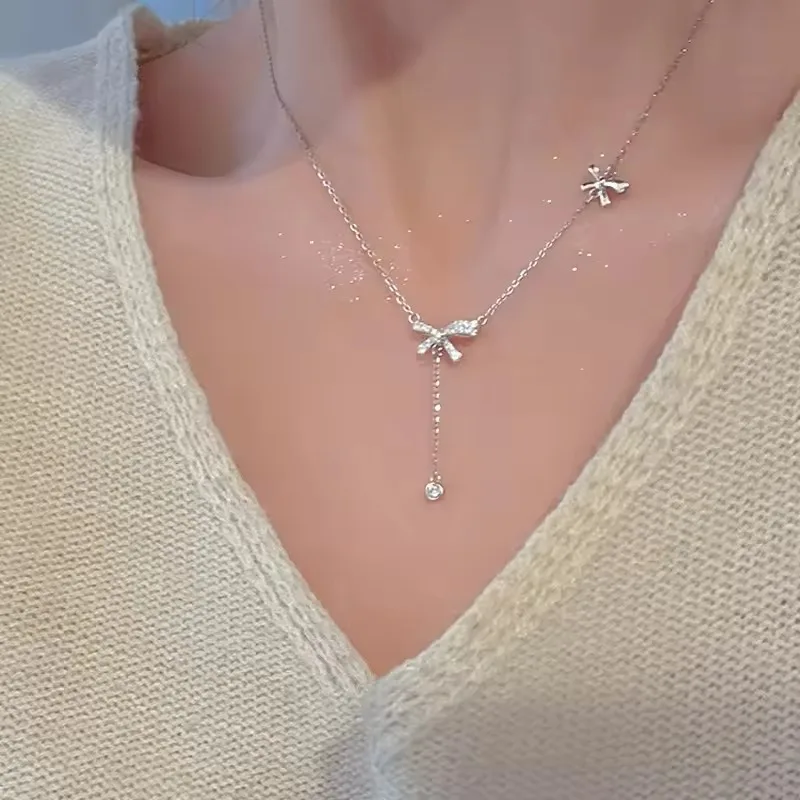 

Fashion Zircon Bow Pendant Necklace for Women Exquisite Crystal Bowknot Tassel Clavicle Chain Necklace Jewelry Birthday Gifts