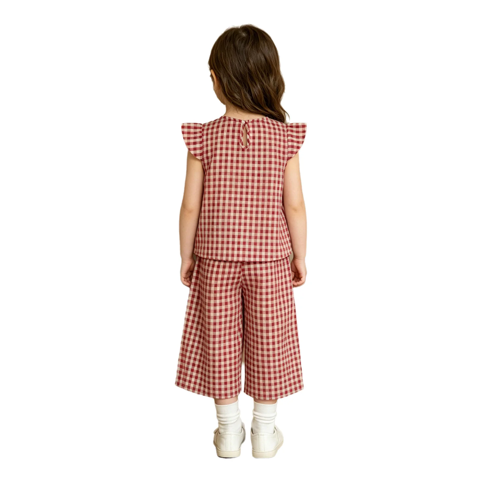 Kids Girls Casual Outfit Cap Sleeve Ruffled Hem Plaid Tank Top with Wide-leg Cropped Pants for Daily Life School Travel Vacation