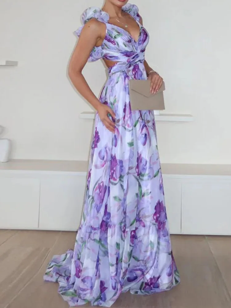 Summer Women Sleeveless Casual Maxi Dress, Printing Patchwork Simple Chic Party Dress, 2025 V Neck Backless Ladies Dress Vestido