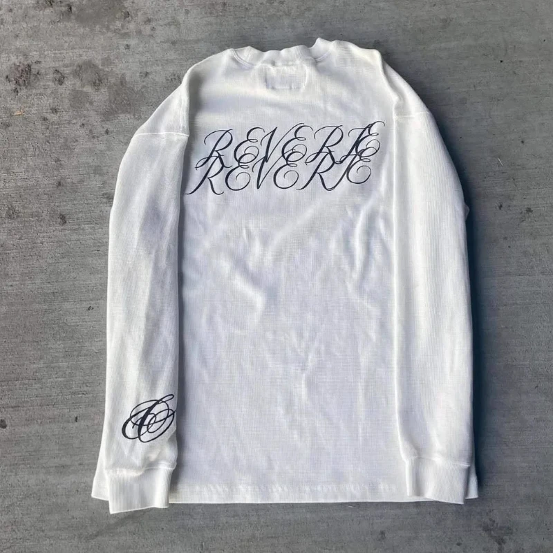 미국식 루즈 캐주얼 O넥 티셔츠 스트리트 빈티지 패션 여성 레이지 스퀘어 드릴 탑 INS 레터 프린트 긴팔 풀오버