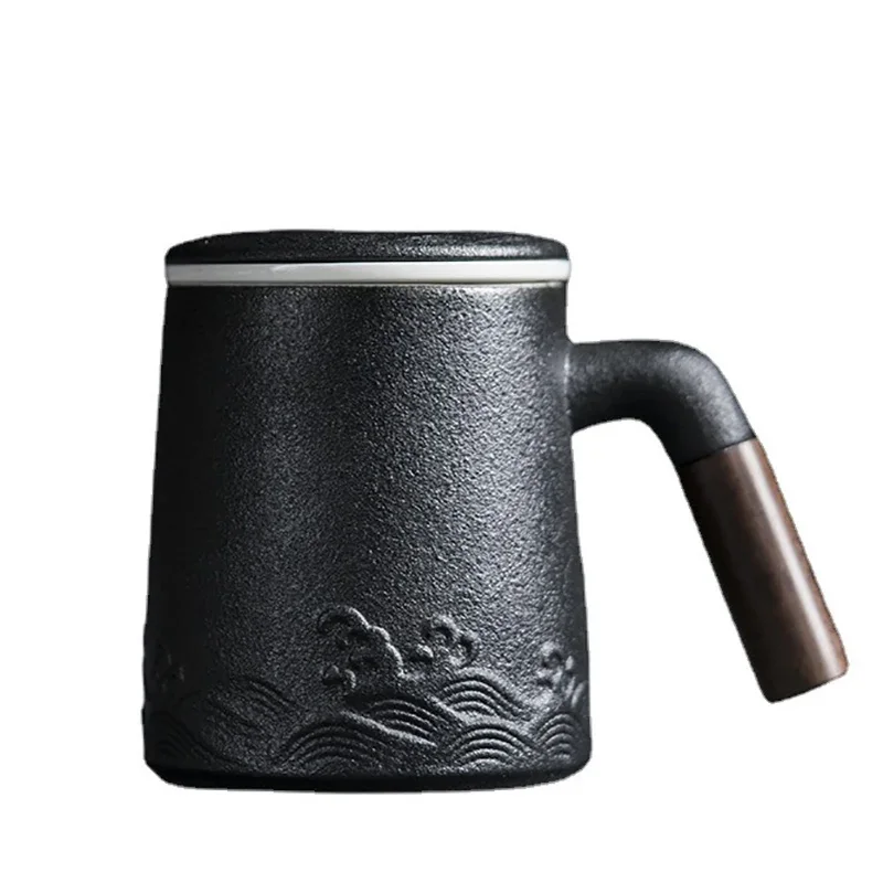 

Ceramic Mug Tea Cup with Lid Tea Infuser Vintage Coffee Cup Japanese Original Breakfast Cups Wood Handle Personalized Gifts