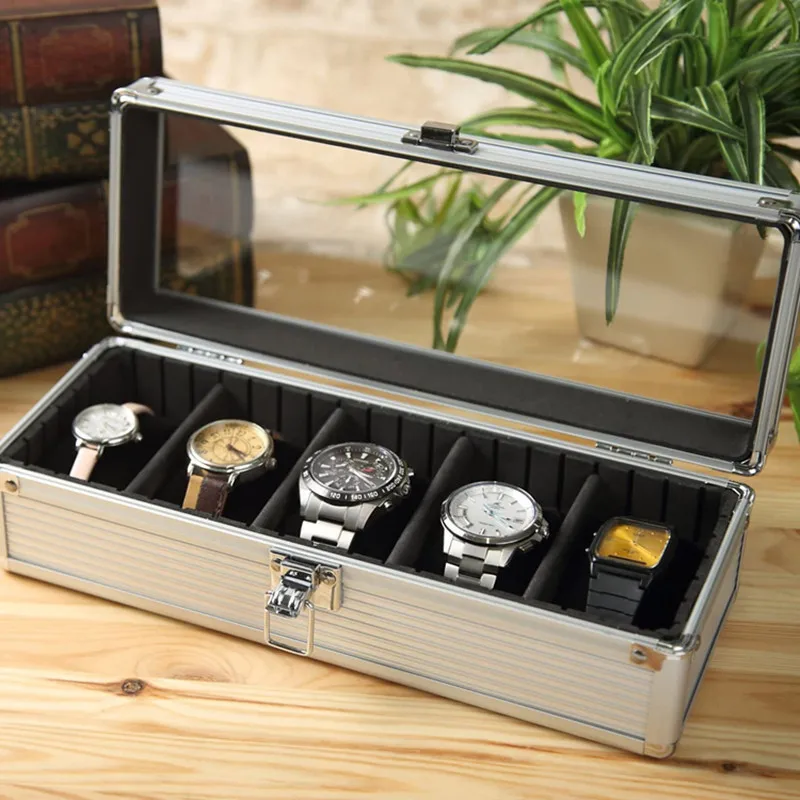 Safe Box Watch Box Organizer Black Transparent Aluminum Alloy Case Metal Storage Watch Boxes With Pillow Display Fall Prevention