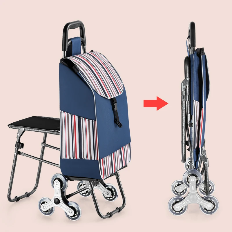 Climb Stairs Shopping Cart with Waterproof Bag and Chair Household Trolley with Seat, Steel Frame Pull Rod Trolley Cart Wheels