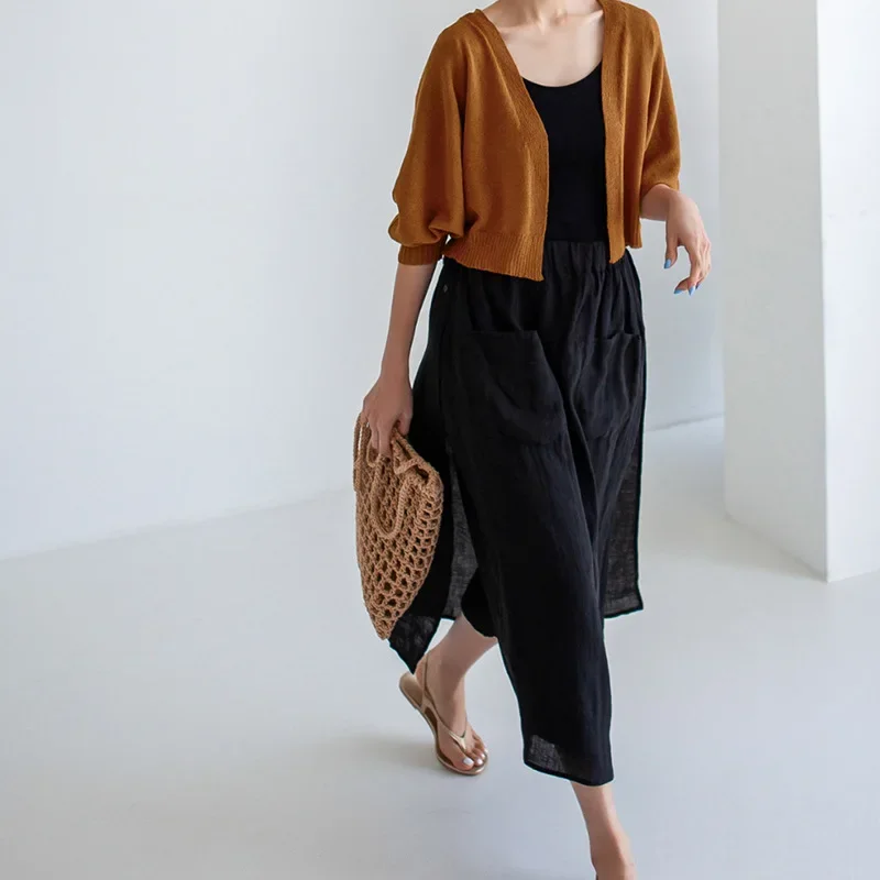 Vintage Women\'s Summer Pants 100% Linen Wide Leg Pant Skirt Pocket Elastic High Waist Loose Casual Loose Trousers Female Bottom