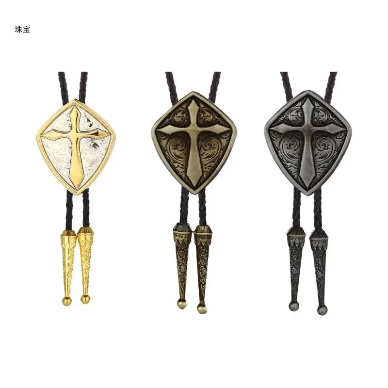 

X5QE Bolo Tie for Men ShieldCross Cowboy Necktie Rustics Necklace Costume Accessories for Women Vintage Bolo Tie Neck Jewelry