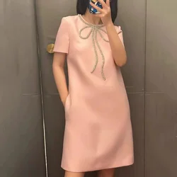 High Quality New Summer Pink Beaded Diamonds Bow Prom Party Dress 2024 Fashion Women Round Collar Short Sleeve A Line Clothes