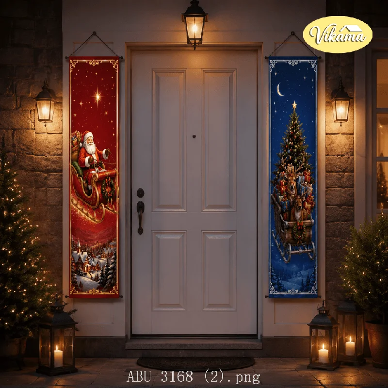 VIKAMA Vintage Christmas Door Couplet Tapestry Santa Sleigh Reindeer Gift Front Door Porch Entryway Home Holiday Decor