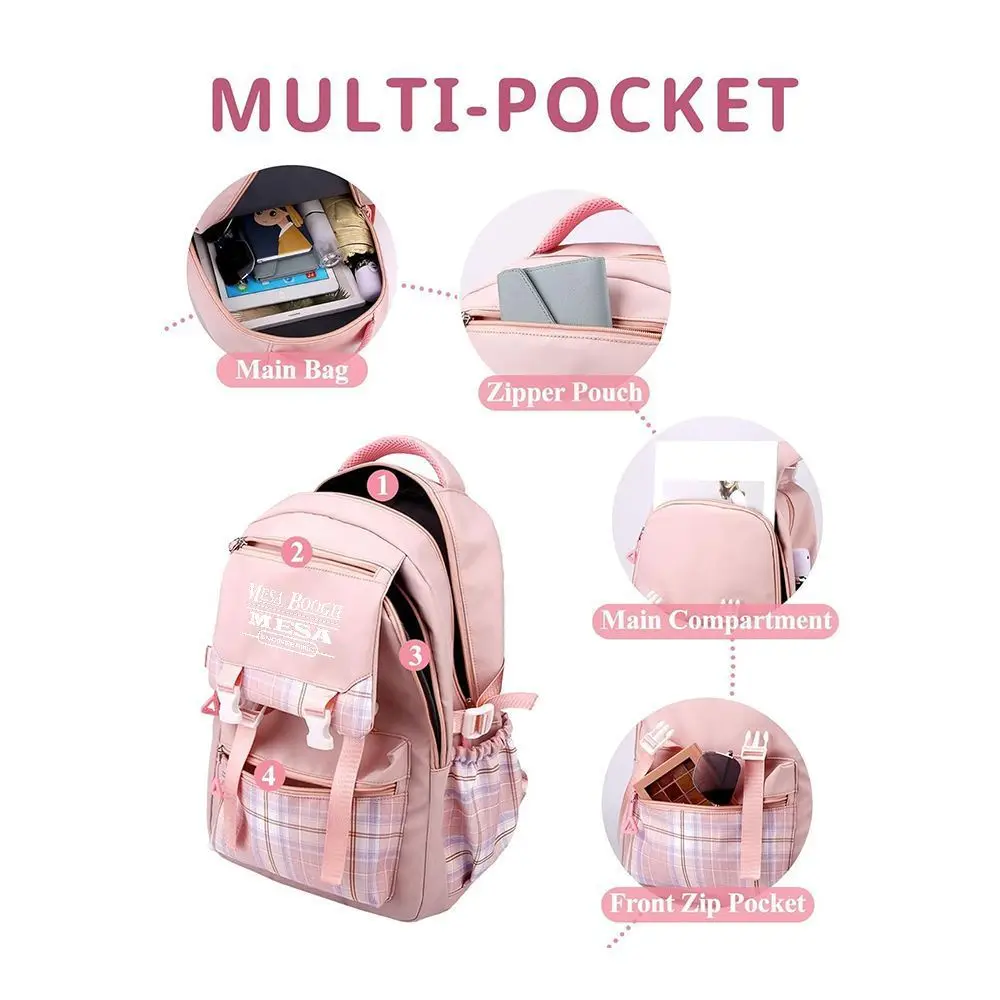 Ransel Pola Kotak-kotak MESA BOOGII, Tas Sekolah Merah Muda yang Lucu, Ransel Perjalanan dengan Tali yang Dapat Disesuaikan untuk Anak Perempuan dan Wanita