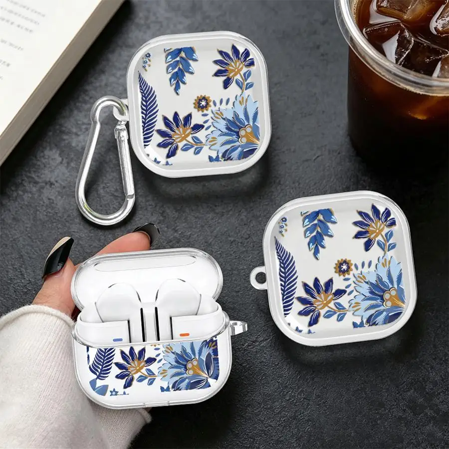 Fashion Blue Flower Clear Earphone Cases Cover With Hook Case For Samsung Galaxy Buds 2Pro 3Pro 2 4 Pro 3 FE 4Pro Live