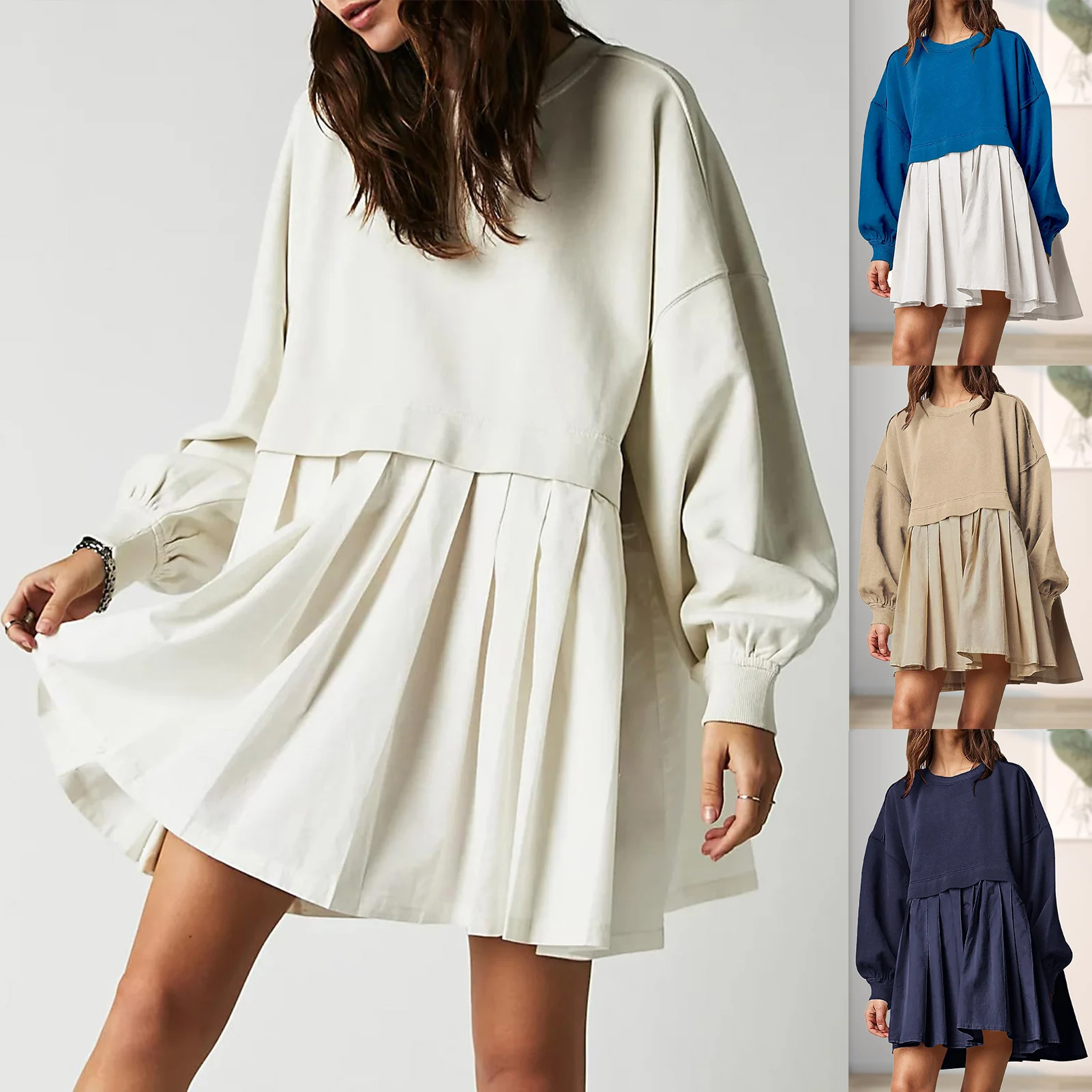 Women Loose Knitted Dress Asymmetrical Hem Flowy Pleated Dress Solid Color A Line Casual Daily Commuting Dress