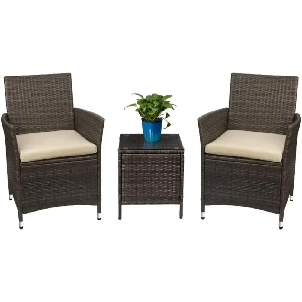 

Patio Porch Furniture Sets 3 Pieces PE Rattan Wicker Chairs with Table Outdoor Garden Furniture Sets (Brown/Beige)