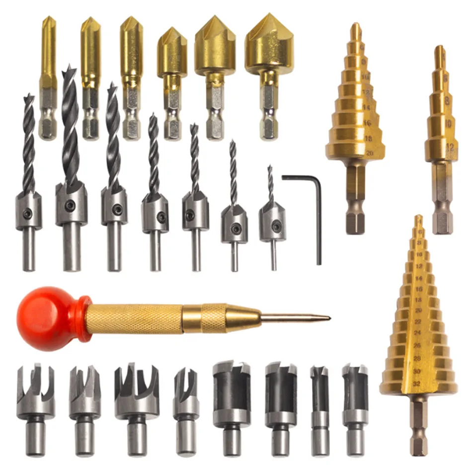 HSS 23 26 piece set of five blade chamfering tool wooden plug drill woodworking drill ladder drill gold punch pagoda drill set