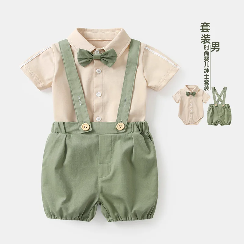 

A Kids Baby Boys Gentleman Outfits Suits Newborn Short Sleeve Solid Romper Shirt+Suspender Shorts+Bow Tie Overalls Clothes Set