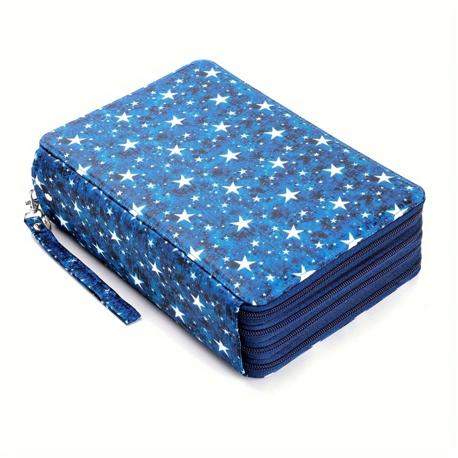 

200 Slots Colored Pencil Case with Zipper Closure, Organizer in Blue Star Twill Oxford Fabric, Handle Strap for Easy Carrying