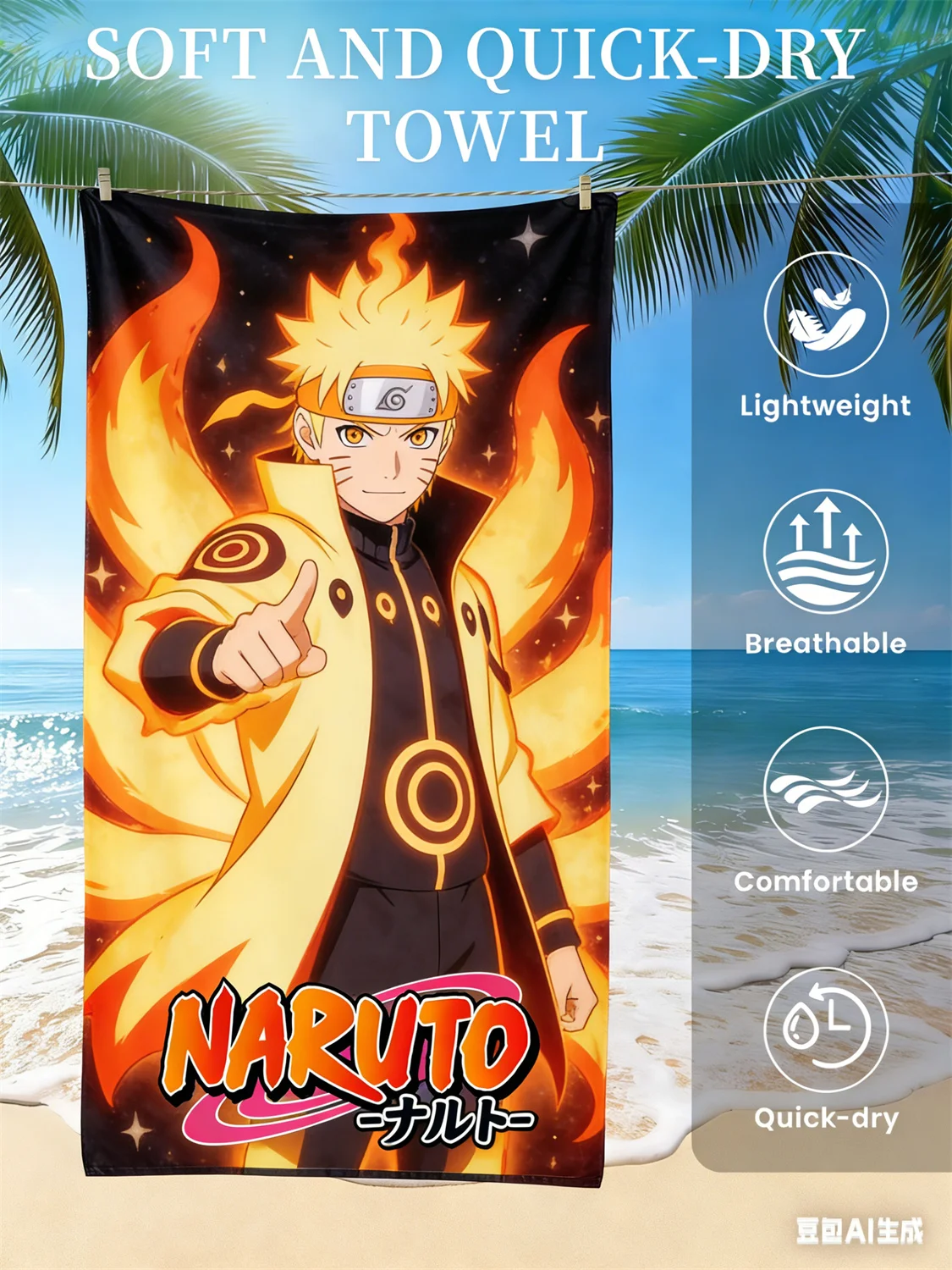 Naruto-Strandtuch, schnell trocknendes Handtuch mit Anime-Fan-Favoriten-Charakter-Aufdruck für Strand, Pool, Urlaub und Anime-Enthusiasten