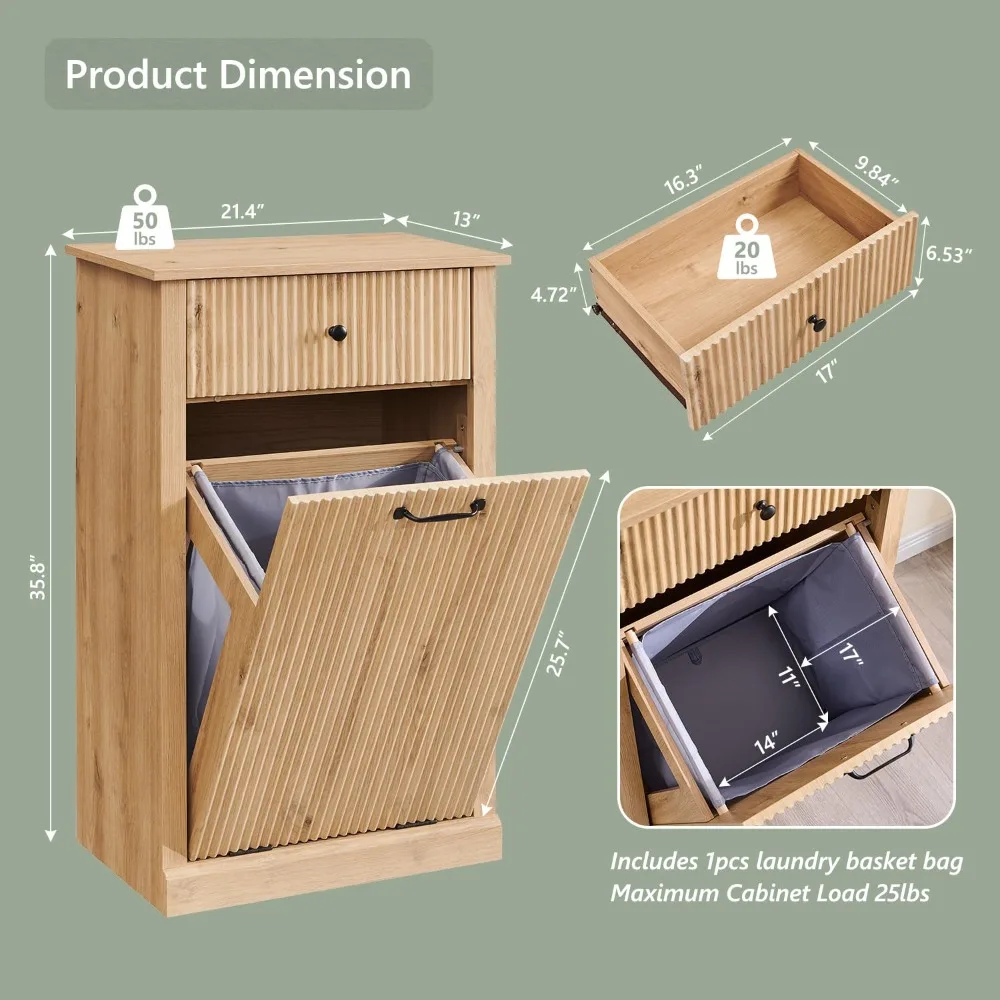 

10 Gallon Tilt-Out Trash Can Cabinet with Drawers, Wooden Hidden Garbage Bin & Laundry Hamper for Kitchen Living Room