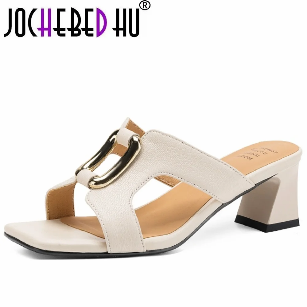 

【JOCHEBED HU】Vintage Handmade Genuine Leather Metal Decorate Mid Heel Sandals Women Summer Luxury Design Outdoor Slippers 34-40