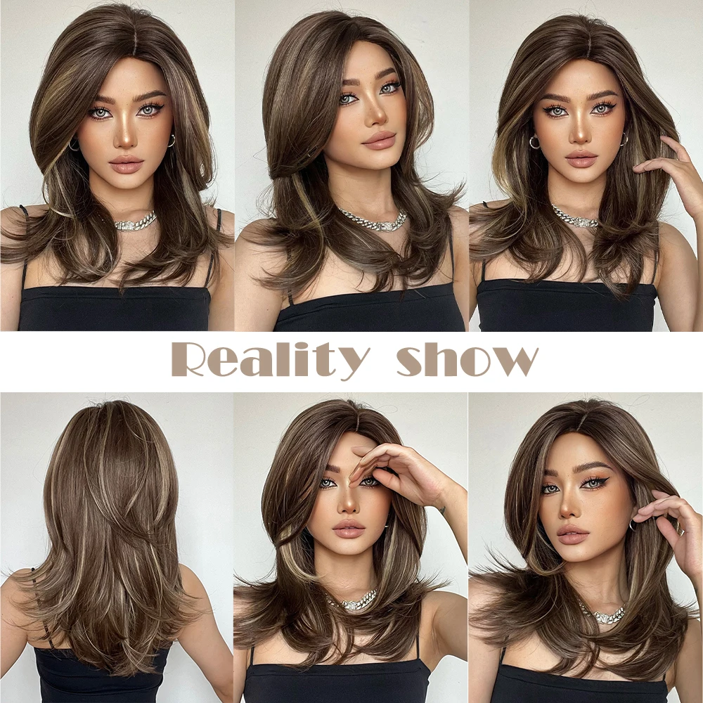 City Ladies Style Medium Short Synthetic Wigs Ombre Brown Hair Wig with Side Bangs for Girls and Women Daily Use Wear Natural