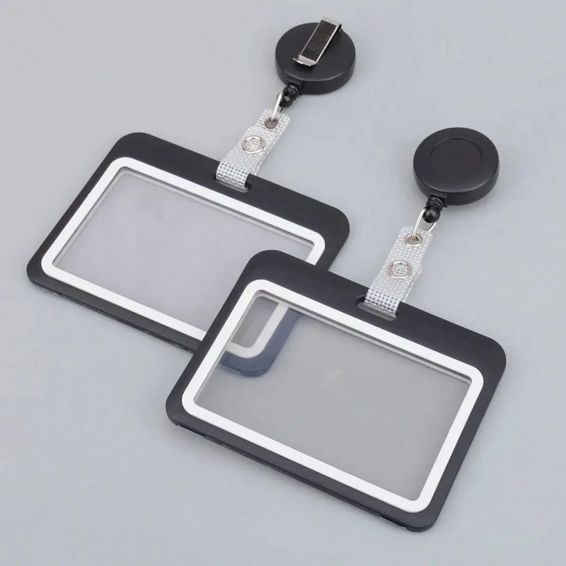 2pcs Sleek Black Horizontal Card Holder with Snap Closure – Versatile ID for Work, Single or Double Pack,Secure Strap Attachment