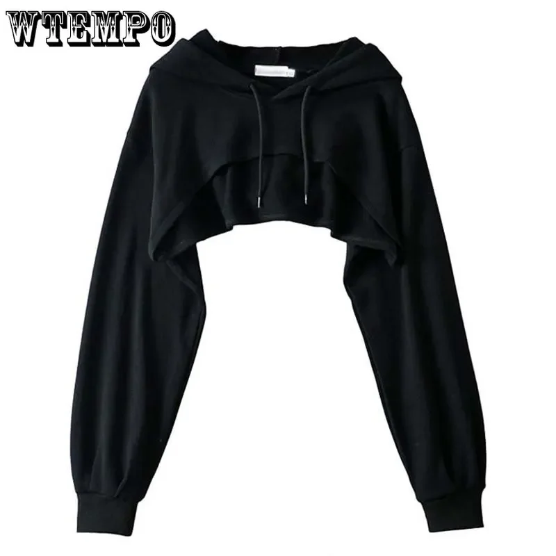 Black Short Hoodie Pullover Women Long-sleeved Shirt Navel Exposure Loose Simple Casual Fashion Sweatshir SpringSummer Wholesale