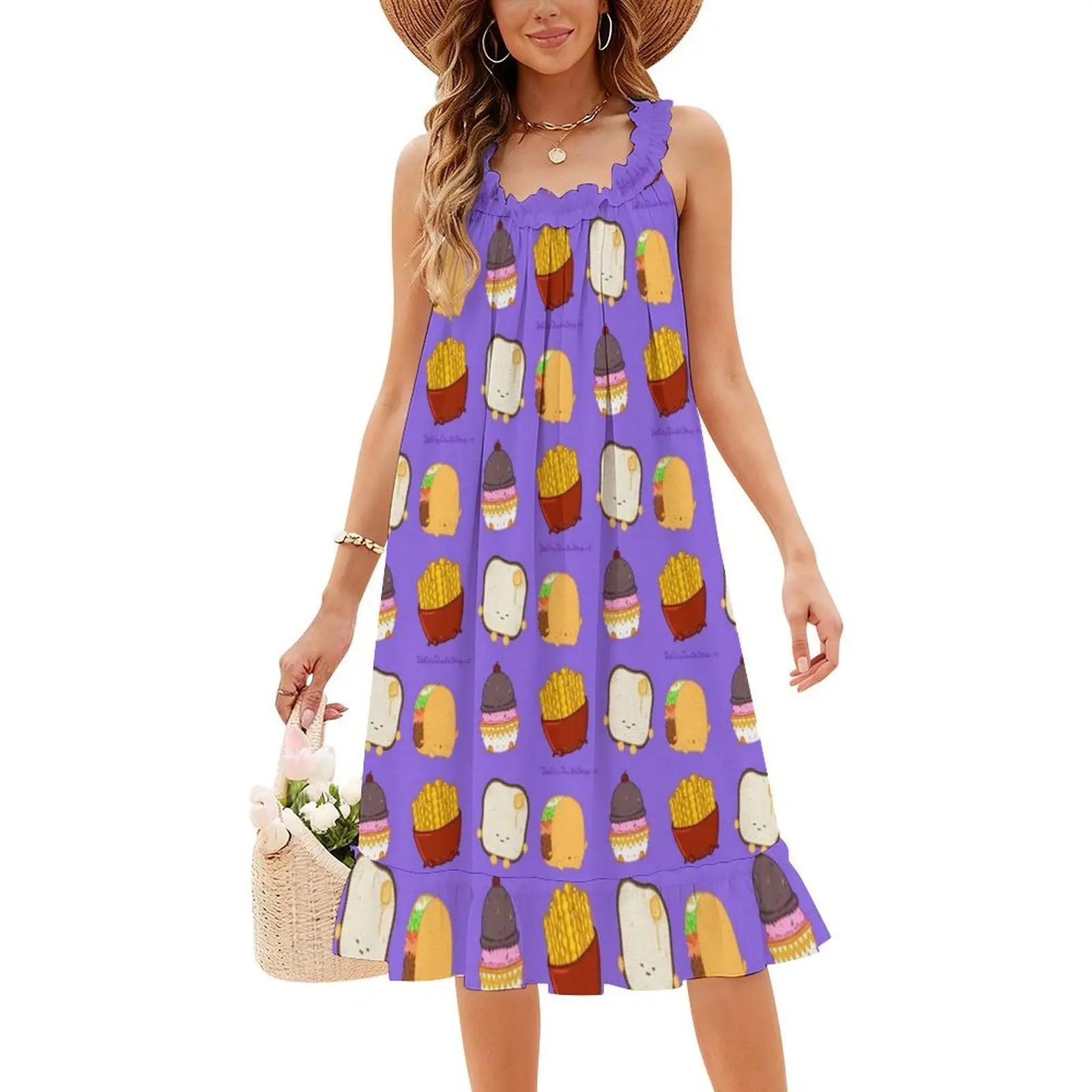 فستان مثير للإجازات من Food Buddies للنساء على الشاطئ وحفلات أعياد الميلاد فستان قصير من تاكو آيس كريم بطاطس مقلية فستان مكعب توست