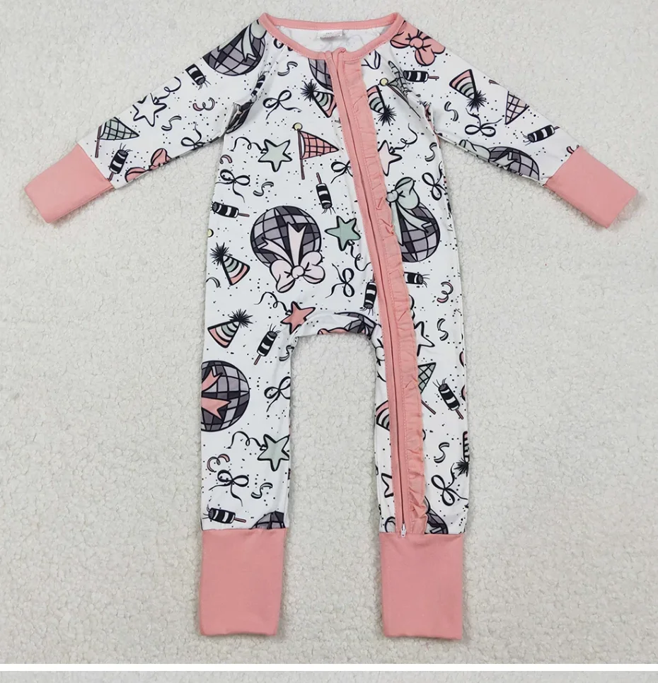 

Baby Girls Rompers Happy New Year Ruffle Zipper Footie Rompers Fashion Toddler Girls Bubbles Bodysuits Rompers