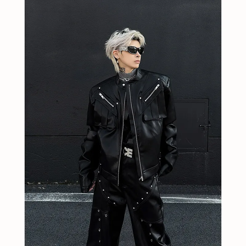 

Short Motorcycle Faux Leather Jacket For Man, Zipper Mans Black Jackets, High Street Stand Collar Coats