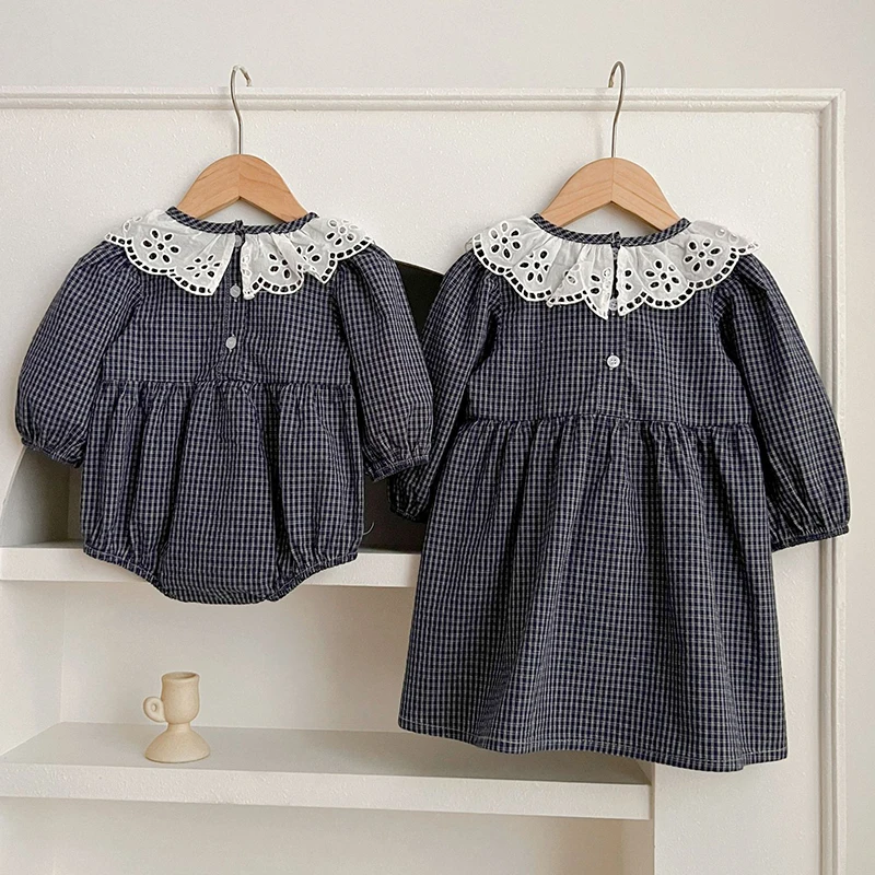 Spring Autumn Baby Girls Long Sleeve Sweet Sisters Grid Dress Infant Rompers Kids Baby Girls Princess Clothes Rompers