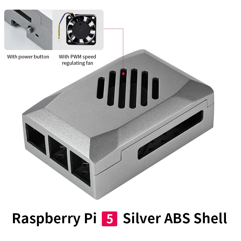 Raspberry Pi 5 ABS Case Silver Shadow Box with PWM Cooling Fan Shell Fit for Active Cooler Power Button for Pi 5