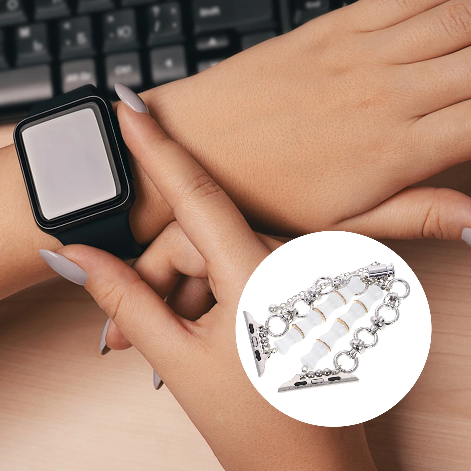 

Bamboo Beaded Watch Band for 42mm 44mm 45mm 49mm Adjustable Strap Crystal Stone Bracelet Women Replacement