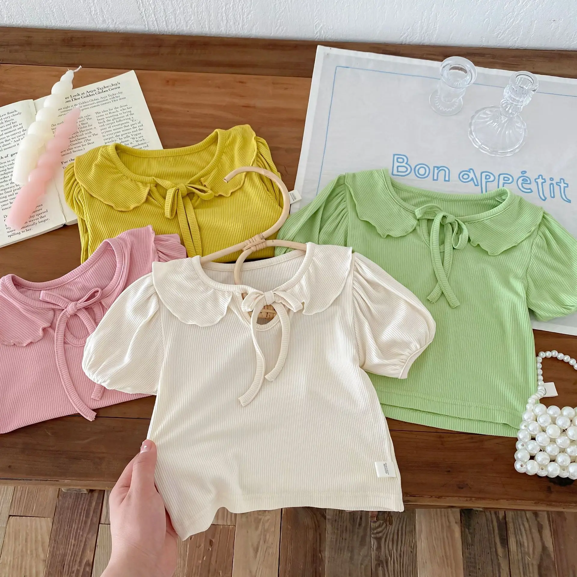 Baby Girls Short Sleeved T-shirt Kids Doll Top Tees Toddler Solid Color Shirts 2024 Summer Children's Clothing Korean Style