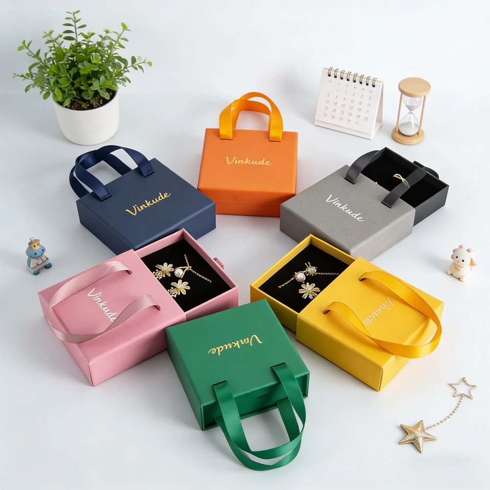 

100pcs/lot Custom Logo Paper Jewelry Drawer Box 9x9x3.2cm Gift Packaging Boxes Earring Necklace Bracelet Organizer Handle Case