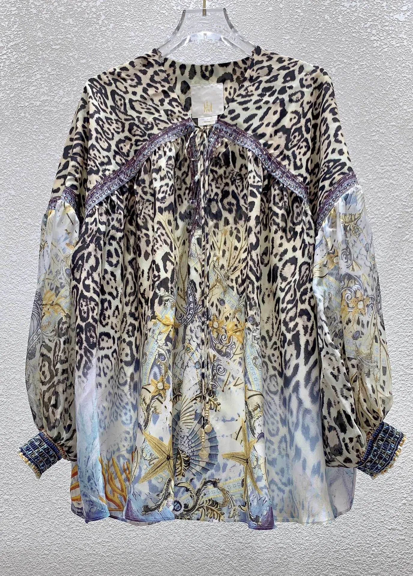 

Women Leopard Print V-Neck Beaded Silk Long Sleeve Blouse
