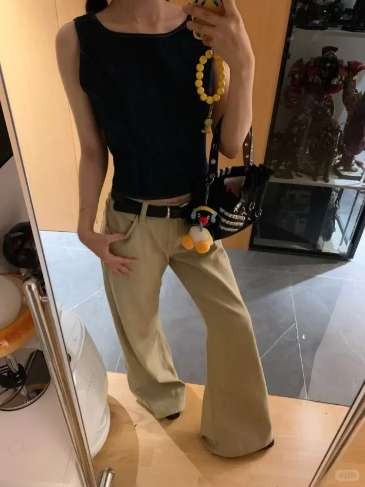 Jeans denim kaki oversize a vita bassa da donna larghi lunghi fino al pavimento comodi pantaloni a gamba larga stagione autunnale abbigliamento casual