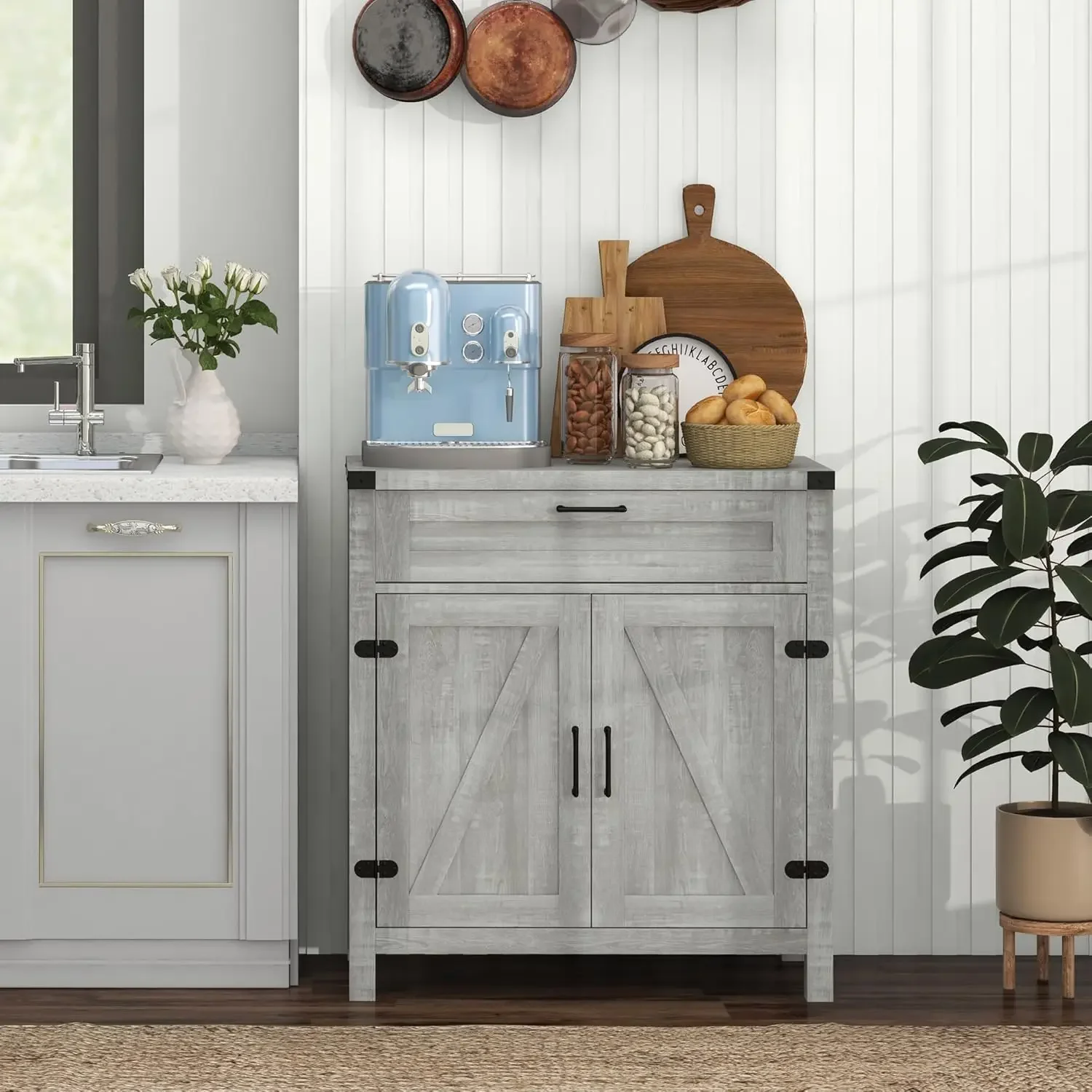 Modern Farmhouse Kitchen Cabinet with 2 Barn Doors, Coffee Bar Cabinet, Gray