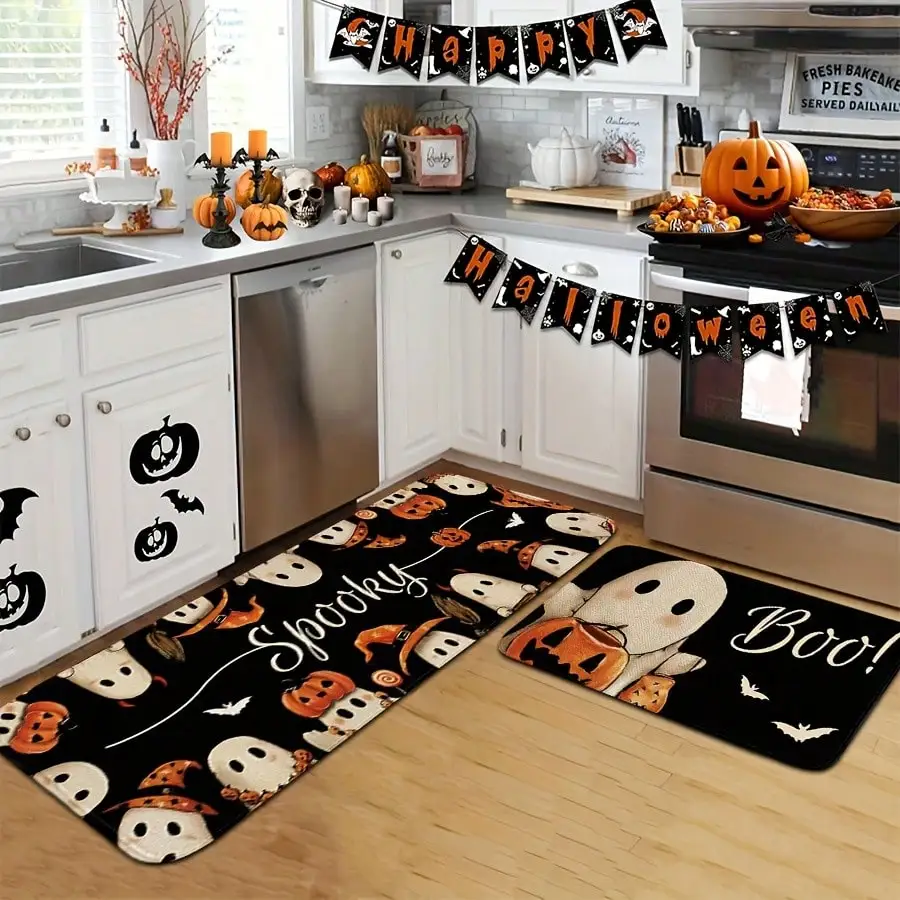 Halloween Kitchen Rug Set Cute Spooky Non-Slip Carpet Black Ghost Pumpkin Printed Soft Flannel Fabric 2 3 Pcs Set Machine Washable Rectangle Runner For Kitchen Hallway Entryway Halloween Decoration view 3