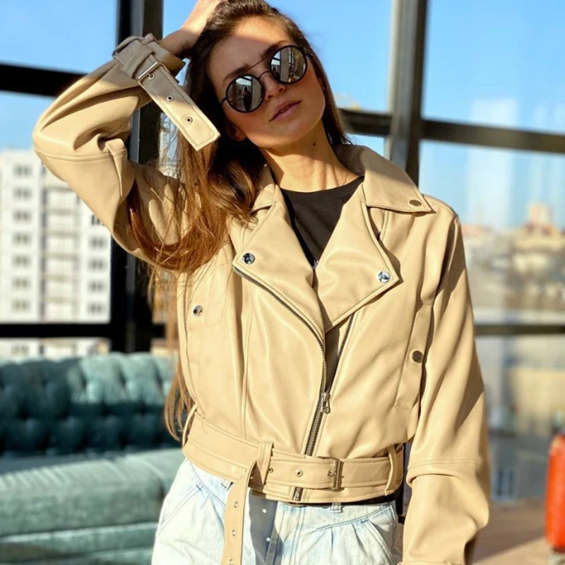 

Women Washed Leather Belt Loose Jacket Vintage Turn Down Collar Gradient Zipper Short Coat 2023 Lady Locomotive Style Chic Coat