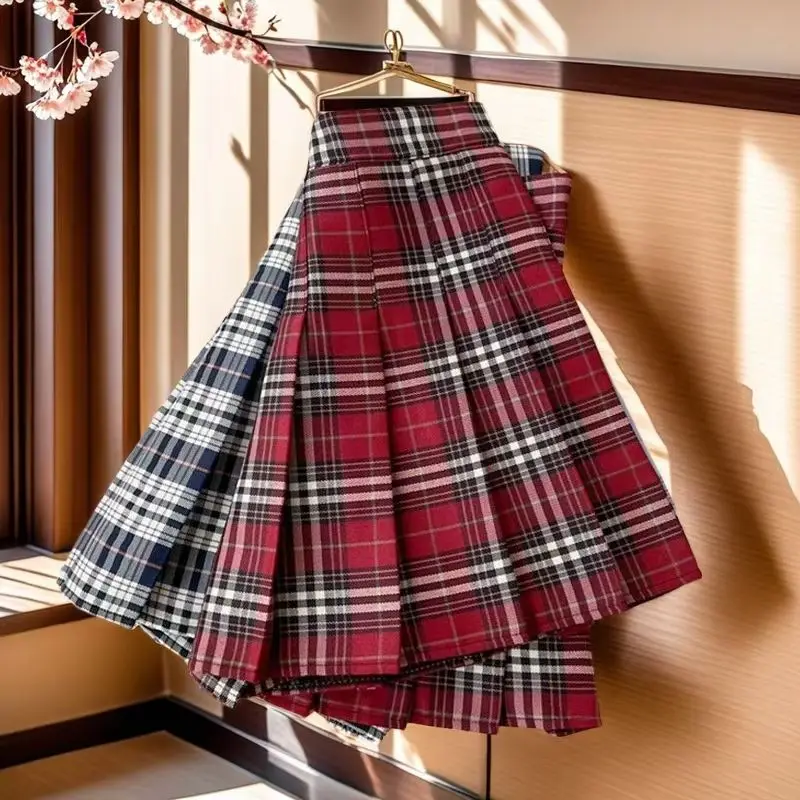 Plaid Pleated Skirt Femme Preppy Style Patchwork High Waist A-line Skirt Autumn All-match Lively Cute Skirts Women Clothes Skirt